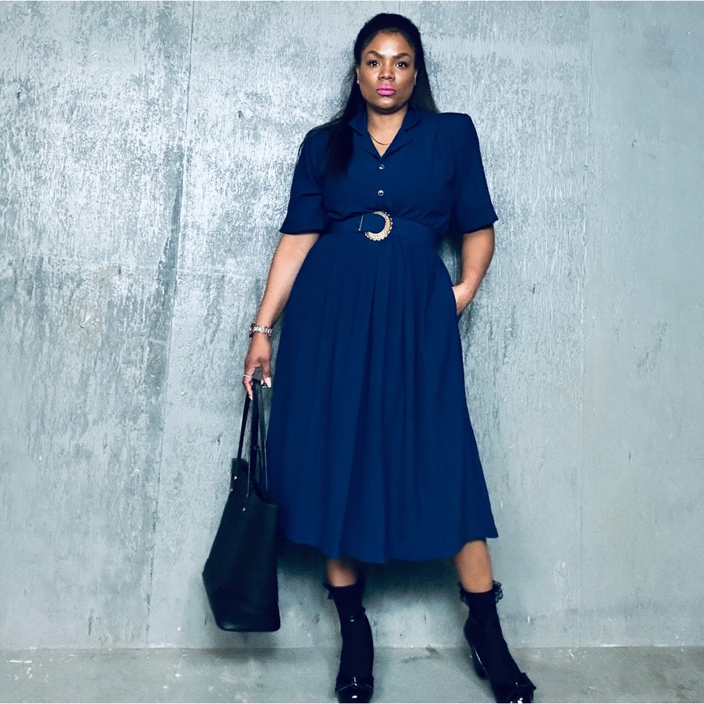 Vintage Elegant Navy Blue Midi Dress, fits S-M